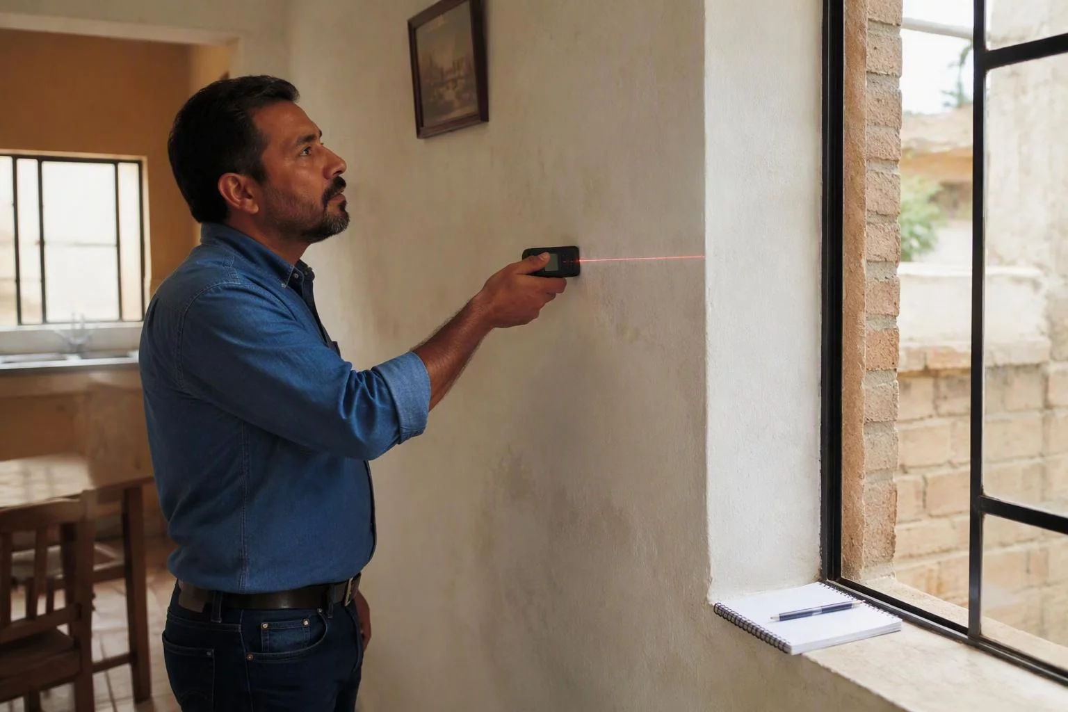 Valuador midiendo un muro con distanciómetro dentro de una casa